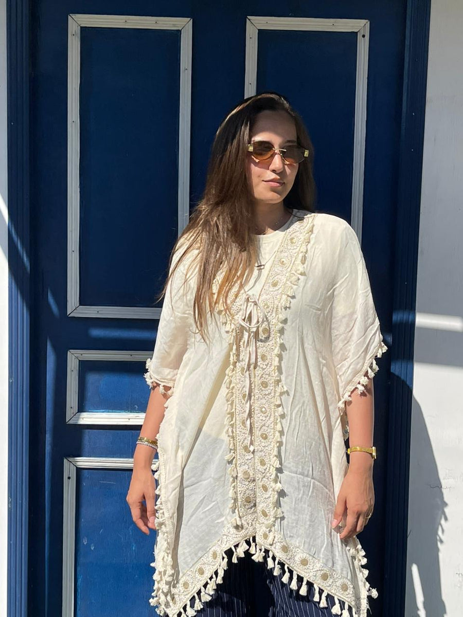 Boho beige tassel kimono