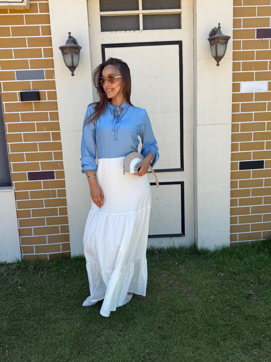 Denim tiered maxi dress
