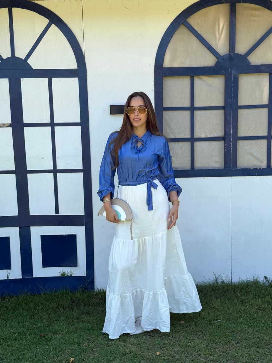 Denim tiered maxi dress