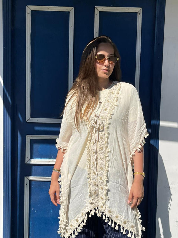 Boho beige tassel kimono