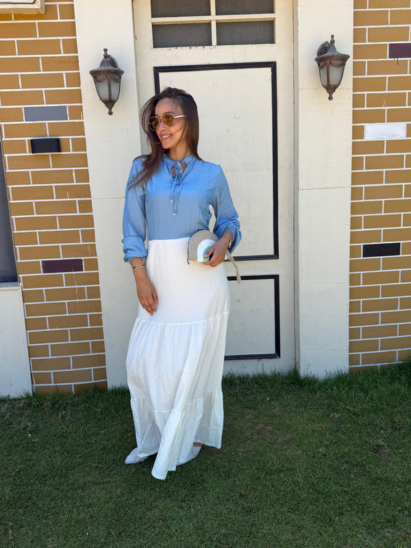 Denim tiered maxi dress