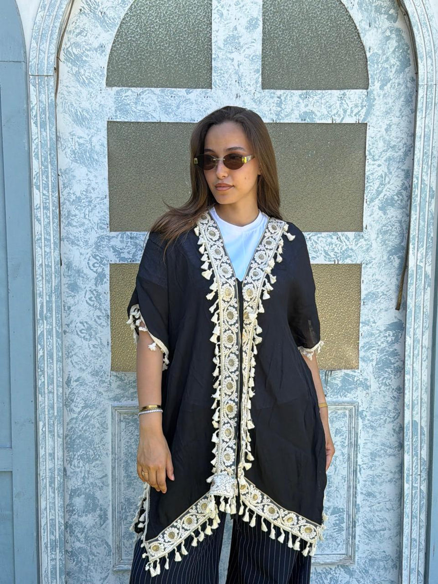 Boho black tassel kimono