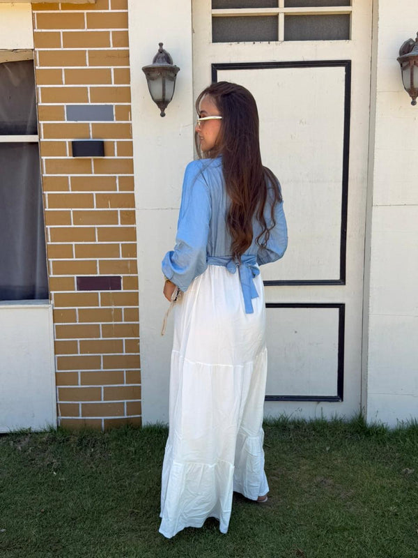 Denim tiered maxi dress