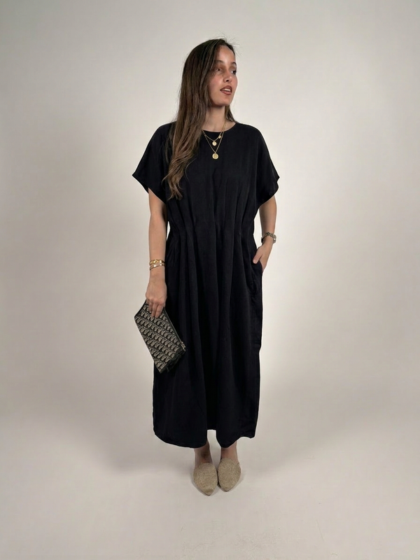 Minimal black linen waist dress